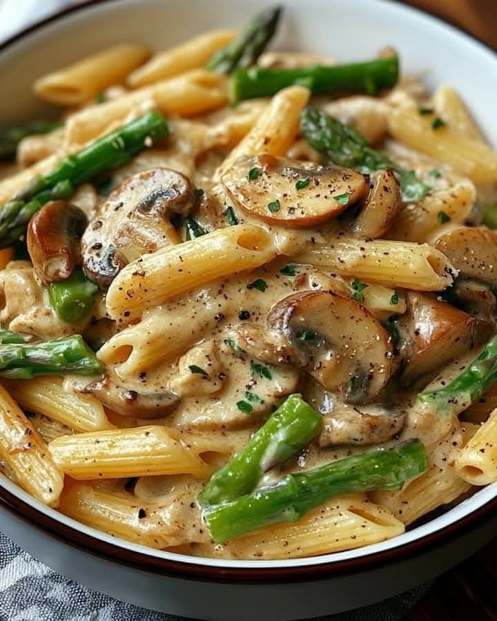 creamy mushroom and asparagus chicken penne recipe